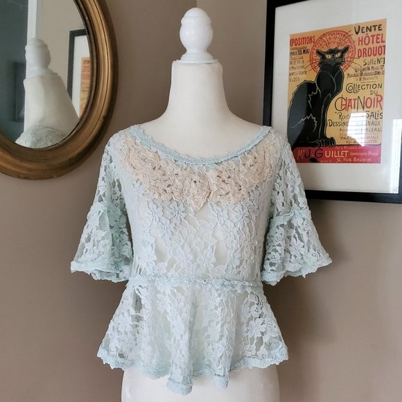 Free People Tops - Free People Blue and Cream Lace Peplum Top Size XS